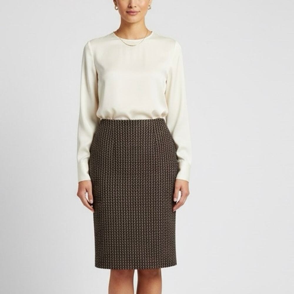 Escada Wool Tweed‎ Textured Midi Skirt Suit Brown Black kostuem NWT size 40 work